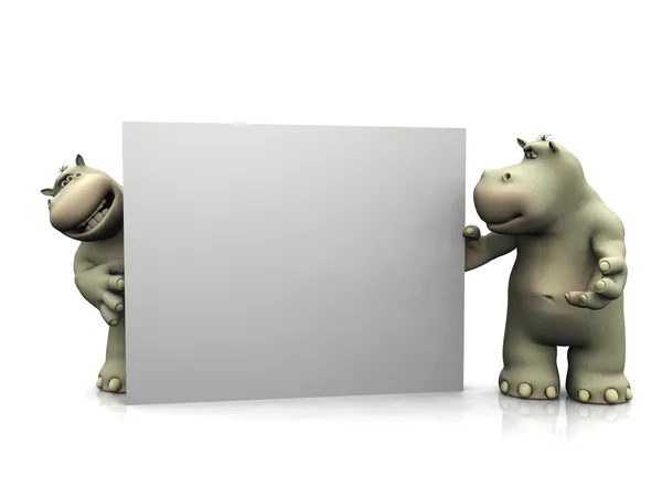Two cartoon hippos with big blank sign. — Stock Photo, Image