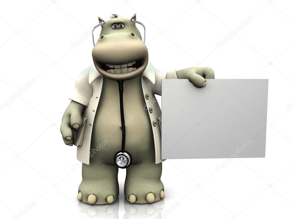 Cartoon hippo doctor with sign.