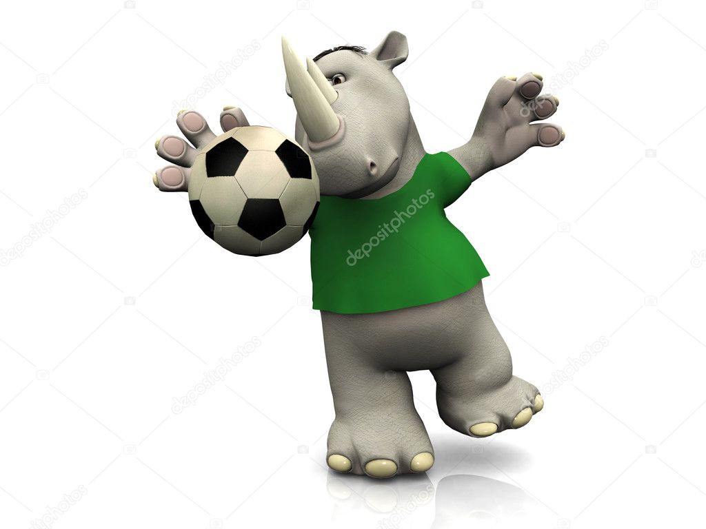 Cartoon rhino catching soccer ball.