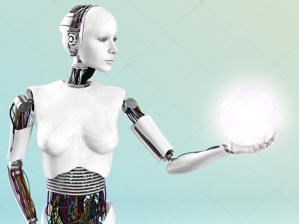 Robot woman holding energy sphere.