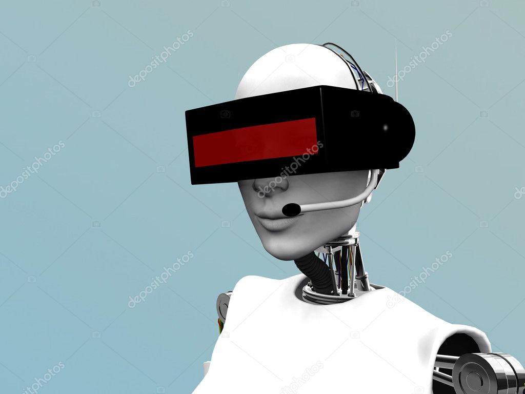 Female robot wearing futuristic headset.