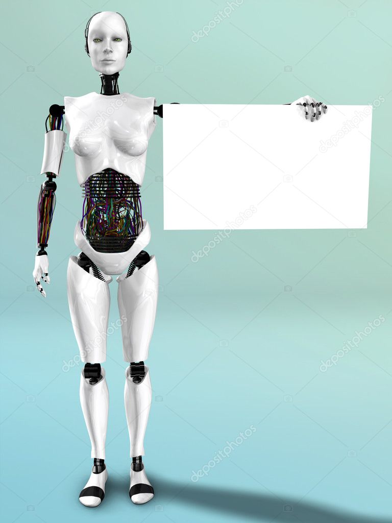 Robot woman holding blank sign.