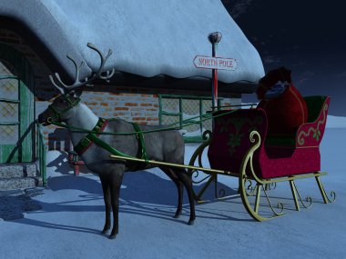 Reindeer with sleigh waiting outside Santa Claus' house. clipart