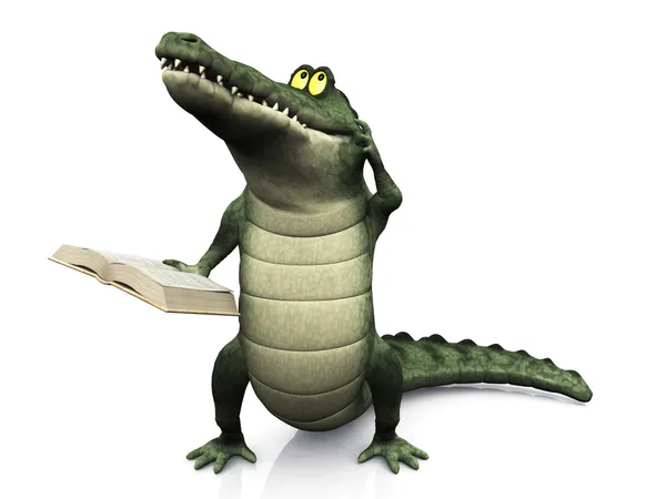 Livro de leitura de crocodilo dos desenhos animados e coçar a cabeça . — Fotografia de Stock