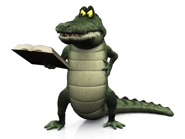 Angry cartoon crocodile reading book. — Stock Photo, Image