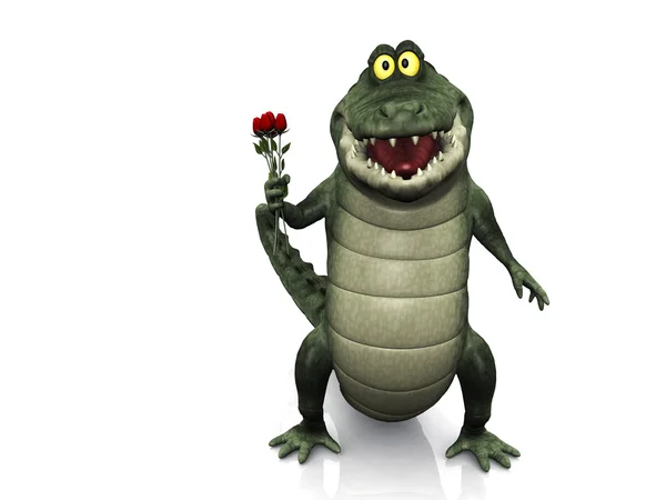 Kreskówka krokodyl trzyma róż. — Zdjęcie stockowe