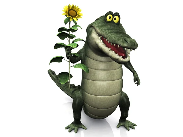 Cartoon crocodile holding sunflower. — Stock Photo, Image