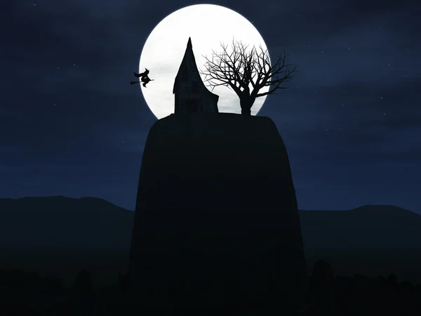 Bruxa voando para sua casa em uma colina durante a noite . — Fotografia de Stock