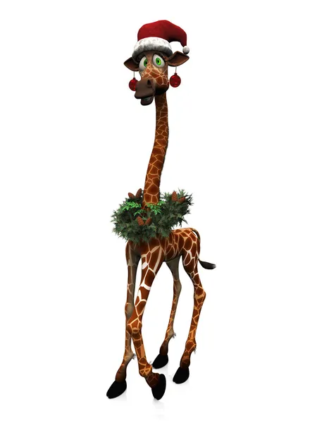 Girafa de desenhos animados usando chapéu de Papai Noel e outra decoração de Natal — Fotografia de Stock