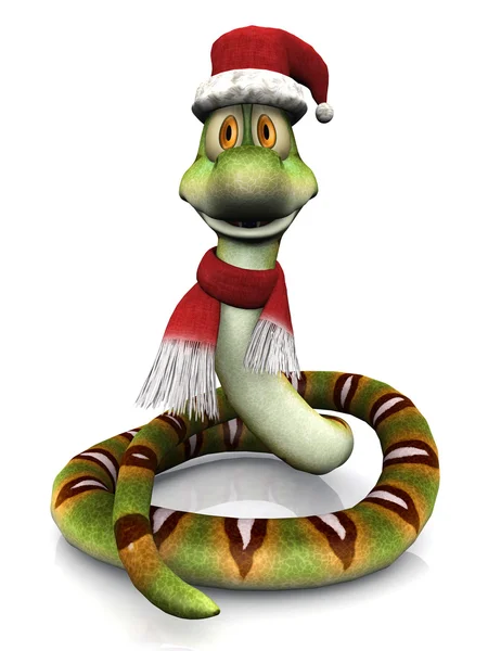 Serpente dei cartoni animati che indossa cappello e sciarpa di Babbo Natale . — Foto Stock