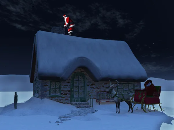Jultomten på taket, redo att gå ner i skorstenen. — Stockfoto