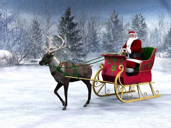 Reindeer pulling a sleigh with Santa Claus. — Stock Photo, Image