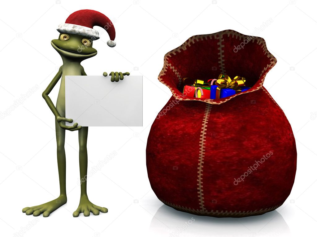 Cartoon frog wearing Santa hat and holding blank sign.