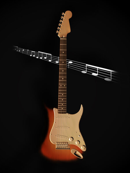 An electric guitar standing on the floor with a dark background and notes coming out of the dark.