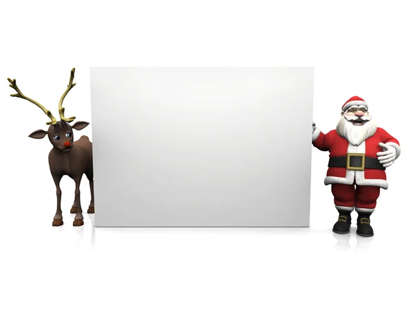 Weihnachtsmann und Rentier mit großem Blankoschild. — Stockfoto