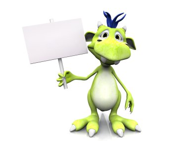 A cute friendly cartoon monster holding a blank sign in his hand. The monster is green with blue hair. White background. clipart