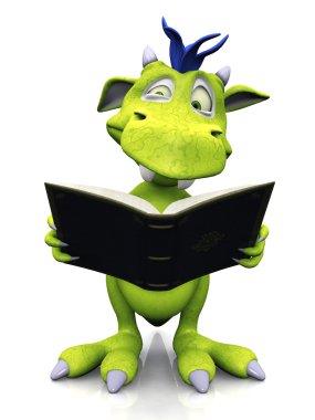 Cute cartoon monster looking confused when reading. clipart