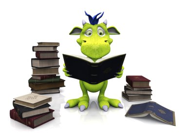 A cute friendly cartoon monster reading a book that he is holding in his hands. Several piles of books are on the floor around him. The monster is green with bl clipart
