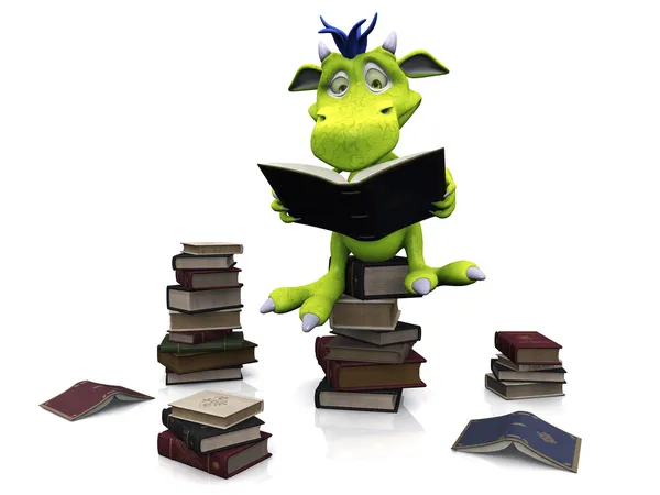 Roztomilý kreslený monstrum sedí na hromadě knih. — Stock fotografie