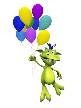 A cute, friendly cartoon monster flying away while holding a bunch of balloons in his hand. The monster is green with blue hair. White background. clipart