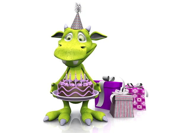 Cute cartoon monster holding birthday cake. — Stock Photo, Image