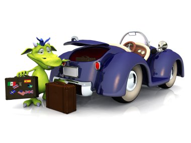 A cute friendly cartoon monster packing his luggage into the trunk of a blue car. The monster is green with blue hair. White background. clipart