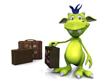 A cute friendly cartoon monster holding a travel suitcase in his hand. Two more suitcases are on the floor beside him. The monster is green with blue hair. Whit clipart