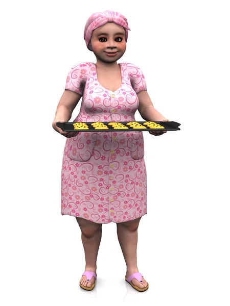 Regordeta dama sosteniendo bandeja para hornear con galletas . — Foto de Stock