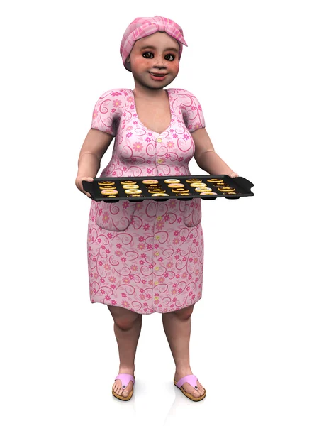 胖女人穿头围巾持有一个完整的甜甜圈的烤盘 白色背景 — 图库照片