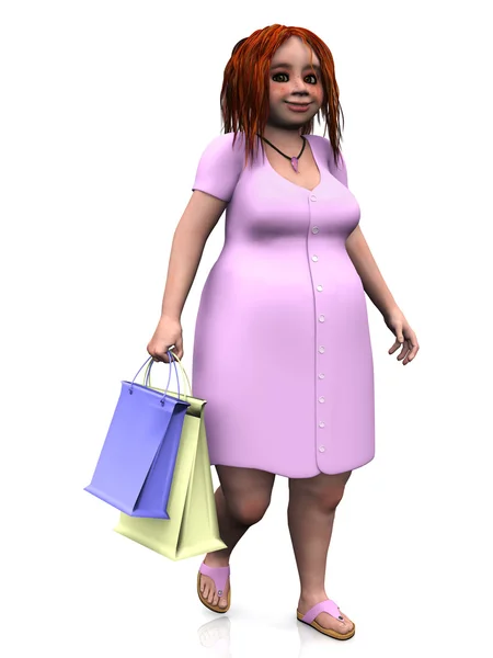 一个可爱的胖女孩 她手里握着两个购物袋 白色背景 — Φωτογραφία Αρχείου