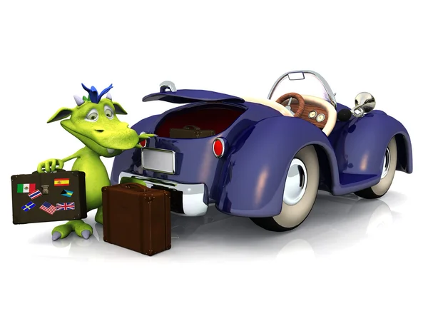 Cute Friendly Cartoon Monster Packing His Luggage Trunk Blue Car — Stock Photo, Image