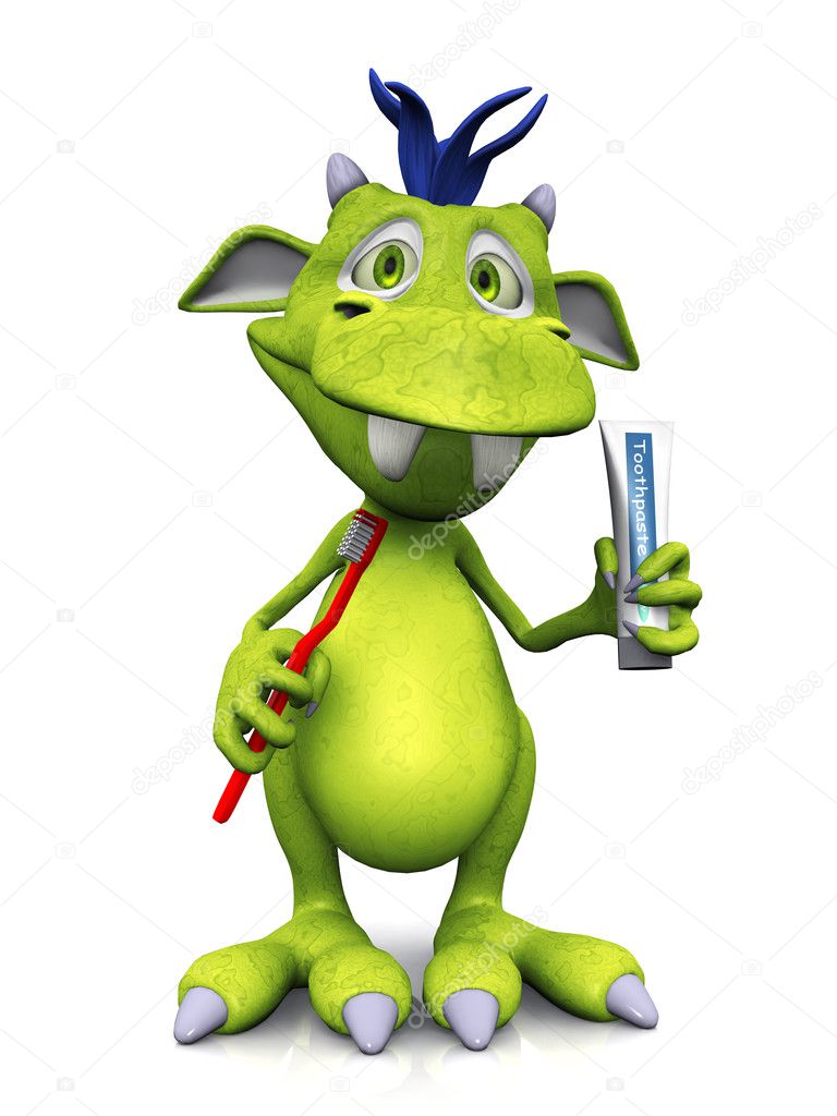 Cute cartoon monster holding toothbrush and toothpaste.