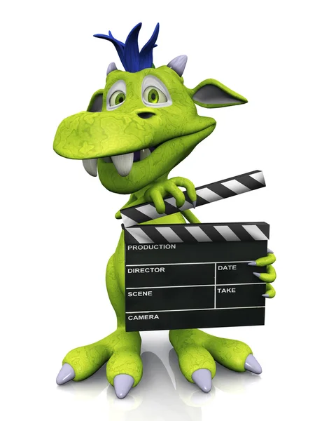 Cute cartoon monster holding a film clapboard. — Stock Photo, Image