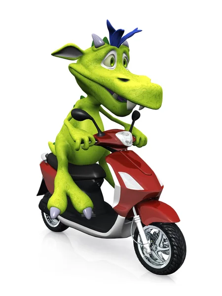 Cute cartoon monster op een scooter. — Stockfoto