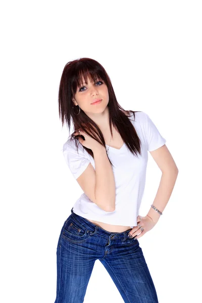 Sorrindo Jovem Mulher Jeans Shirt Studioshot Sobre Fundo Branco — Fotografia de Stock