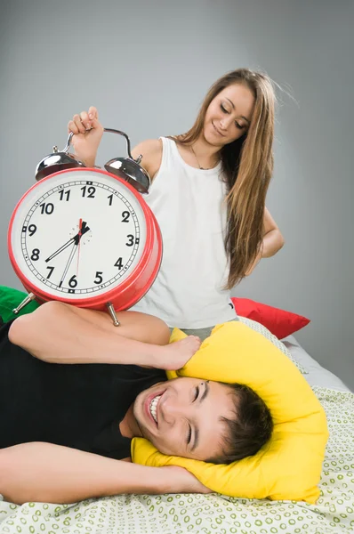 Happy couple waking up early — Stock Photo, Image