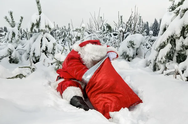 寻找在口袋 在森林里的礼物的圣诞老人坐 — 图库照片