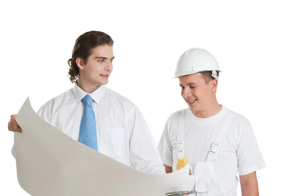 Ung Ingenjör Och Arbetstagare Diskutera Stora Plan — Stockfoto