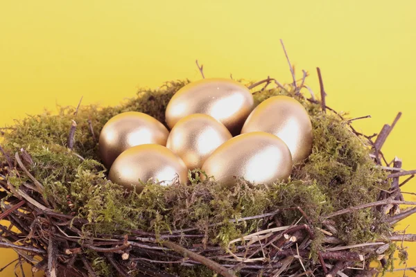 Zlatá vejce v ptačí hnízdo nad žlutá — Stock fotografie
