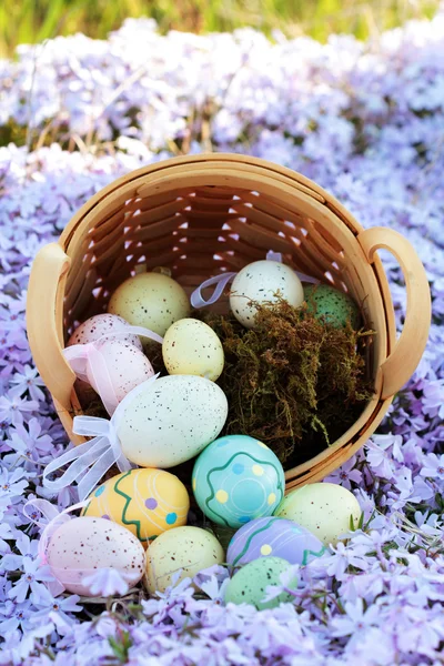 Easter Eggs Spilling Basket Bed Spring Flowers Selective Focus Center — Stock Photo, Image