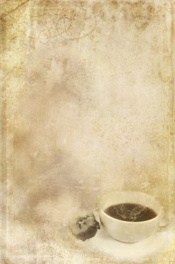 Textured paper background with steaming cup of coffee in lower corner and copy space. clipart