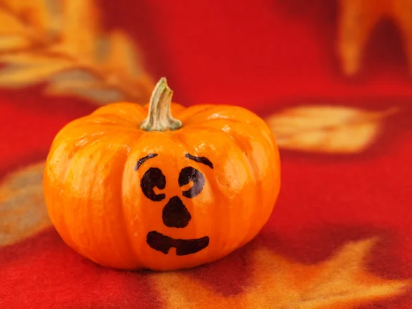 Mini Pumpkins with Funny Faces on a Red Autumn Cloth Background — Stock Photo, Image