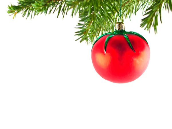 Karácsonyfa nyaralás dísz lóg egy örökzöld ág, elszigetelt — Stock Fotó