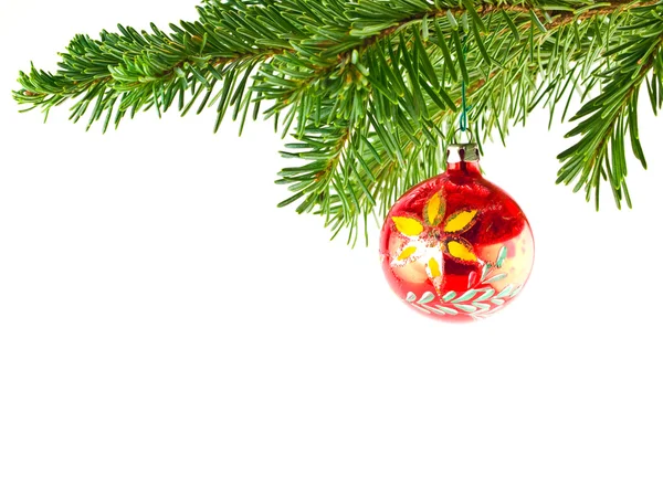 Weihnachtsbaumschmuck hängt isoliert an einem immergrünen Zweig — Stockfoto
