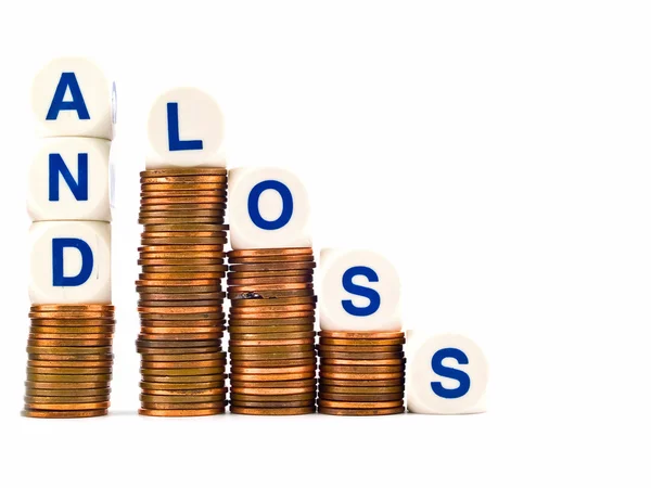 Letter Dice Spelling Profit and Loss atop Penny Stacks — Stock Photo, Image