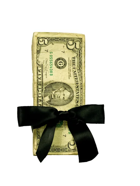 Money Bundle in a Black Ribbon $5 Bills — Stock Photo, Image