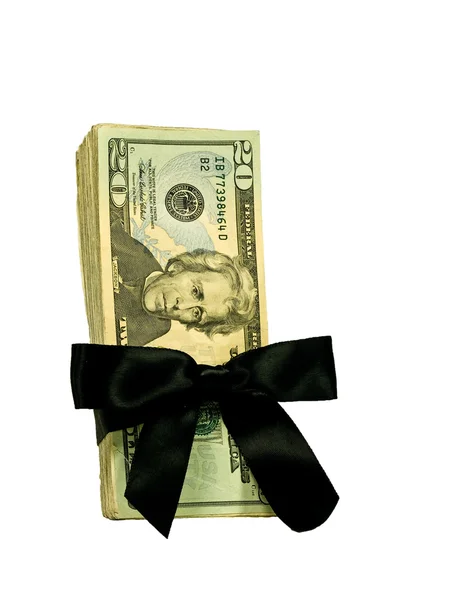 Money Bundle in a Black Ribbon $20 Bills — Stock Photo, Image