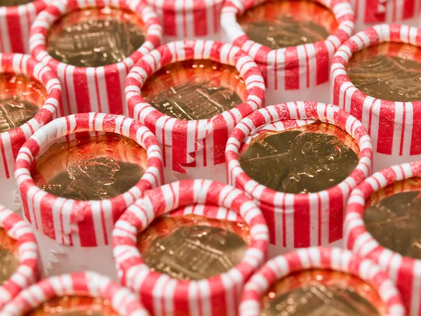 Rollos de centavo alineados en una caja de monedas — Foto de Stock
