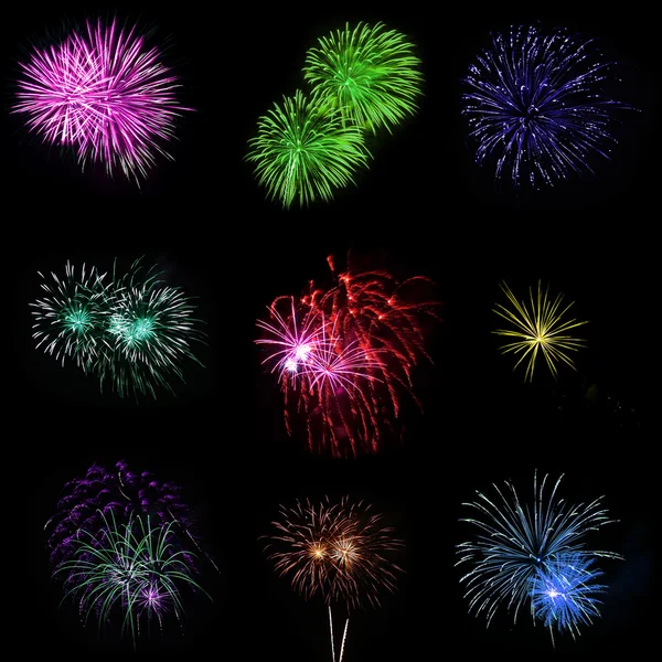 Long Exposure Multicolored Fireworks Black Sky — Stock Photo, Image