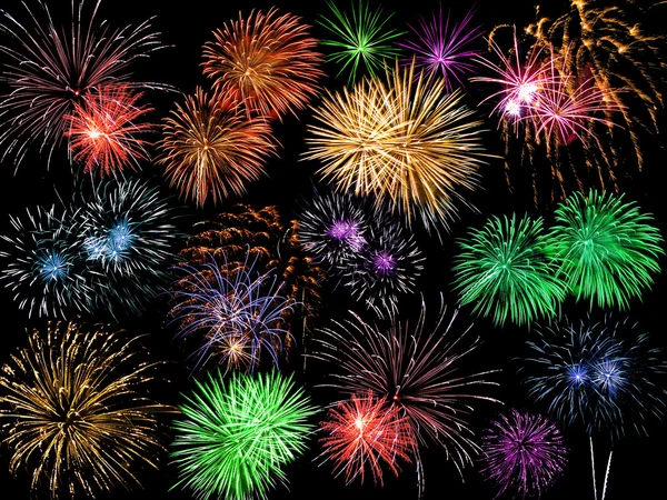 Collage of Multicolored Fireworks Against a Black Sky — Stock Photo, Image